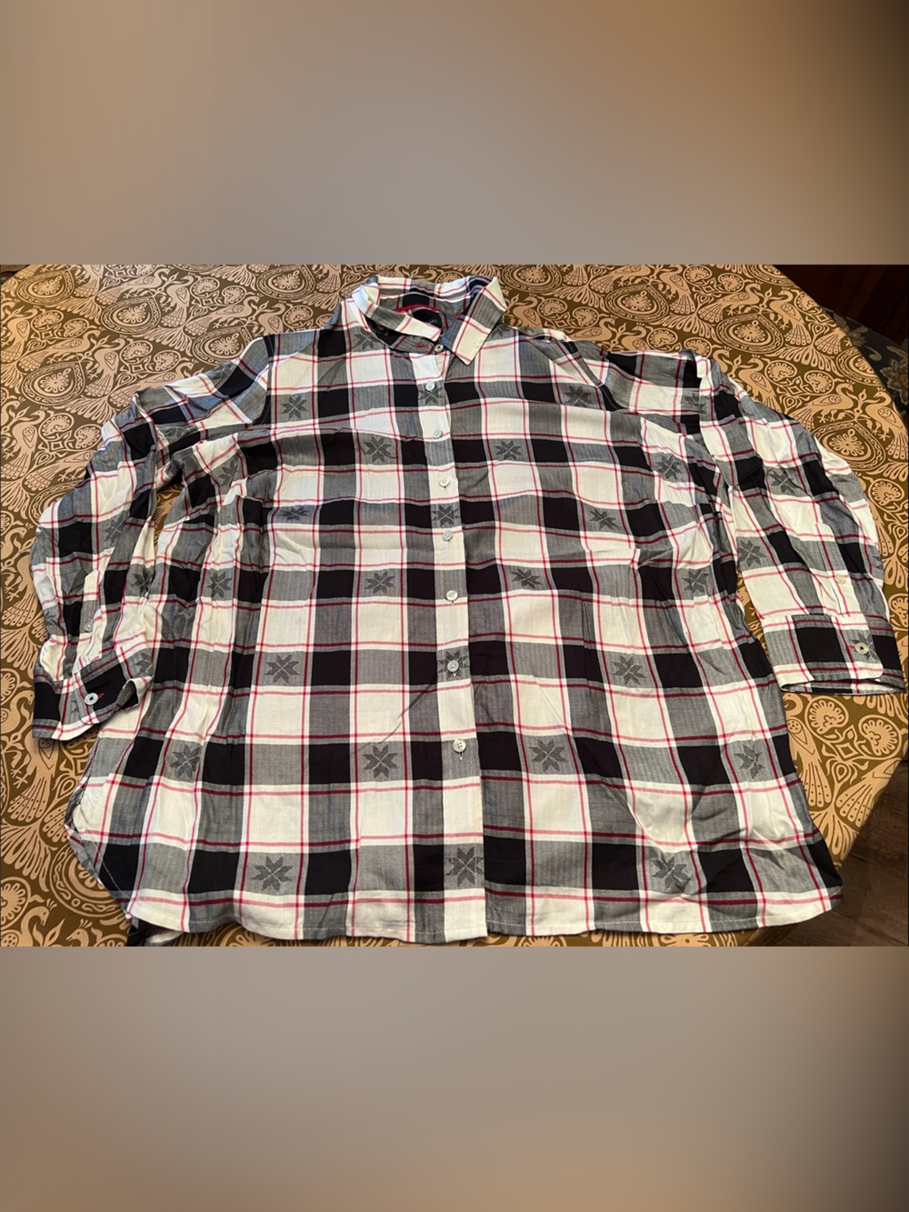 Women’s Black and White Plaid Button-Up Shirt with Red Stripes and Snowflakes